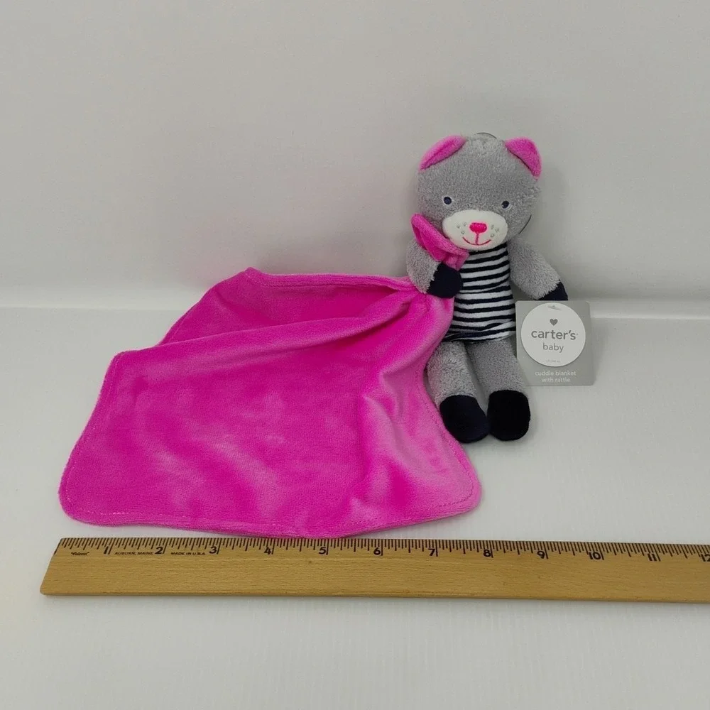Carters Cuddle Blanket Plush‎ Kitty Cat Pink Gray Navy Baby Lovey w Rattle 2013